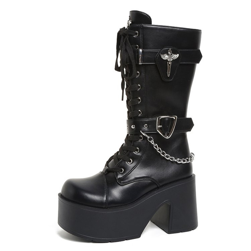 Goth Platform Chunky High Heel - Motorcycle Chain 评论和价格